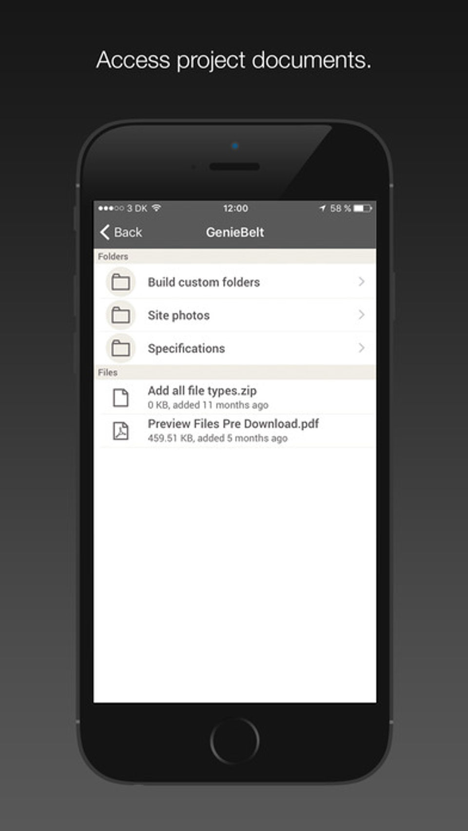 GenieBelt screenshot: Access project documents from a mobile device