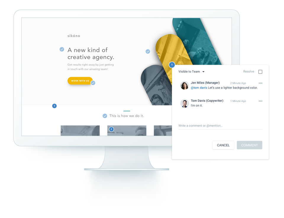 Instapage screenshot: Save your team time with Instapage collaboration, which enables your designers, account managers, and clients to leave feedback right on a landing page.