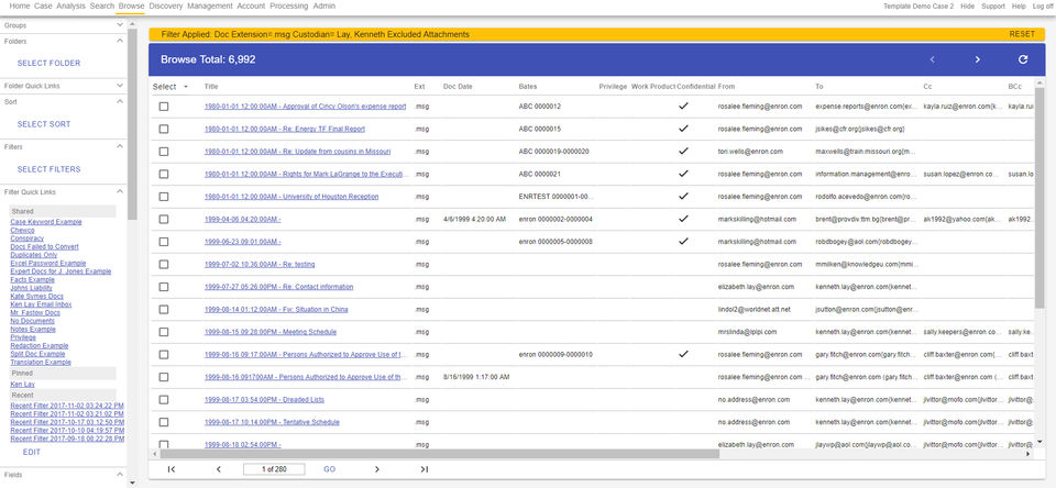 Lexbe eDiscovery Platform screenshot: This is the browse screen on the Lexbe eDiscovery Platform. The simple user interface and fully integrated workflow equips boutique firms with the ability to handle document intensive cases in-house.