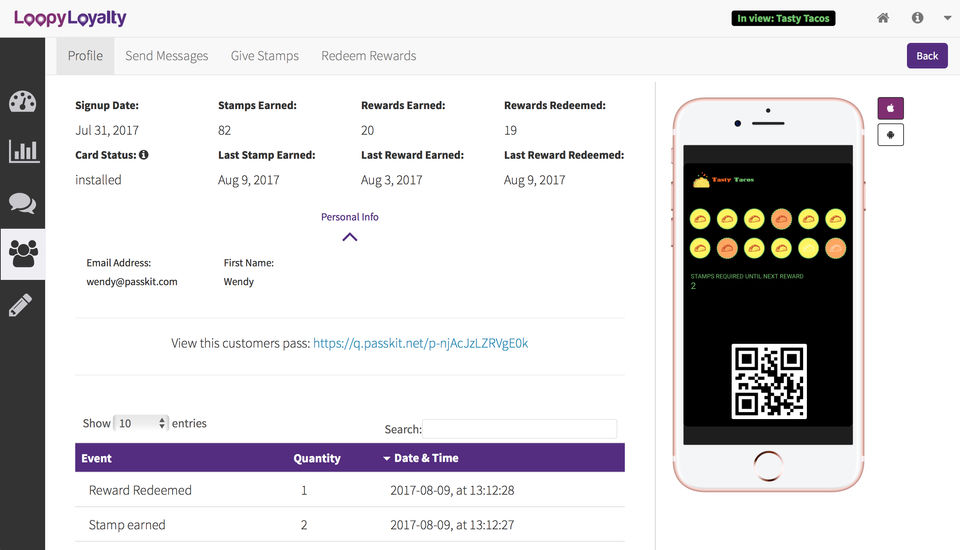 Loopy Loyalty screenshot: Review customer profiles and reward them with stamps or send them a personalized message