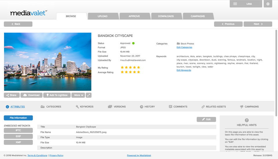 MediaValet screenshot: With the detailed view, you can see additional information about your asset, give star ratings, add keywords and more.