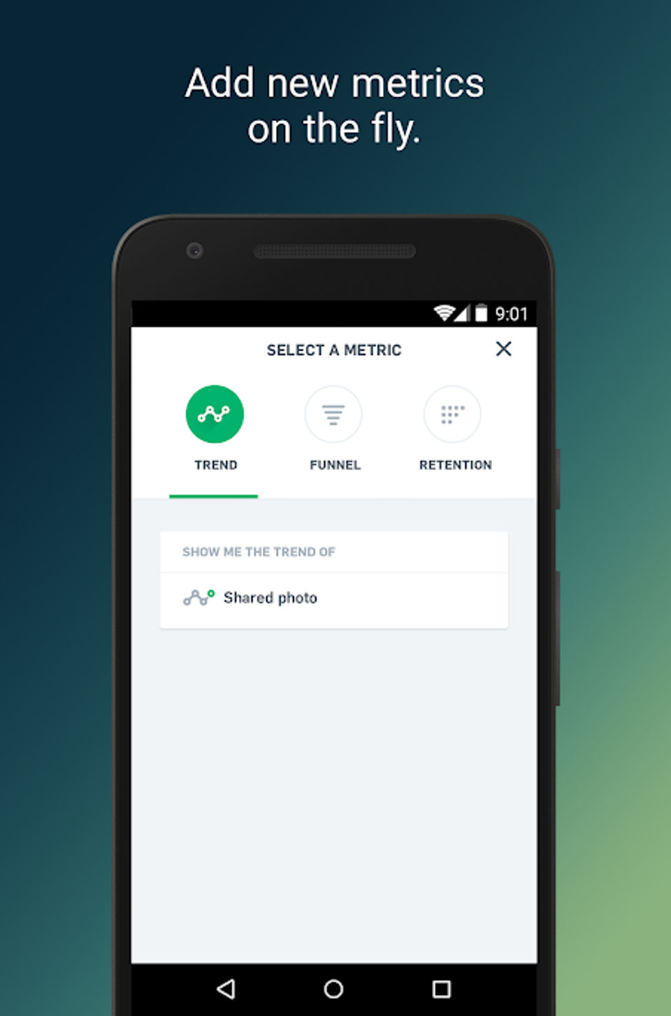 Mixpanel screenshot: Add metrics in the Mixpanel mobile app
