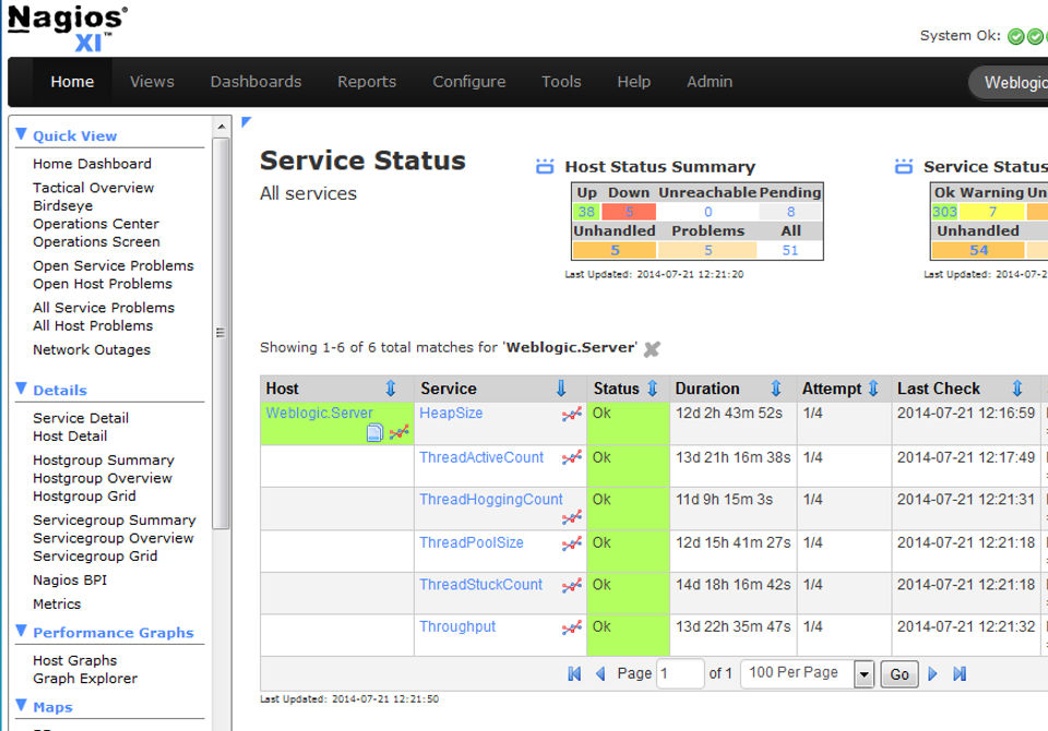 Nagios XI screenshot: Nagios service status