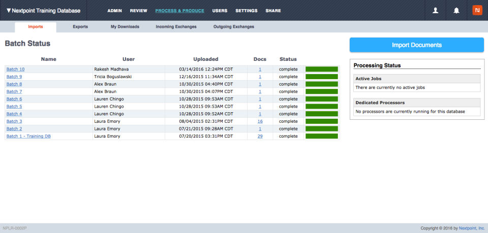 Nextpoint screenshot: Nextpoint interface showing Import Documents tab