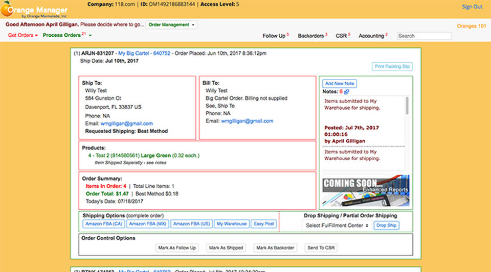 Orange Manager screenshot: Review order information - notes, tracking, & more