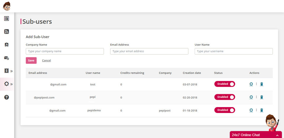 Pepipost screenshot: Create and manage multiple sub-users