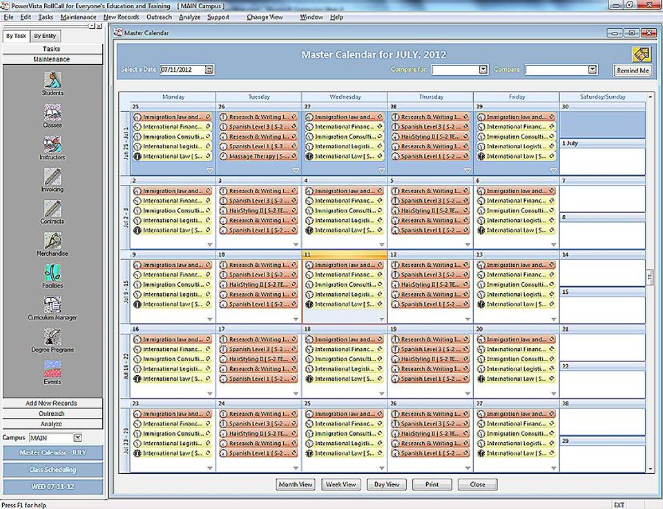 PowerVista RollCall screenshot: Smart calender feature in RollCall allows to track availablity of staff, students and classes and book appointments