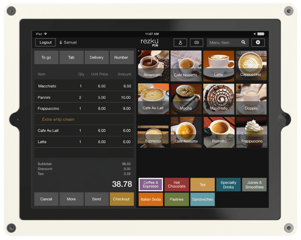 Rezku POS screenshot: With Rezku Coffee Shop POS users can customize each drink exactly the way customers want it, without slowing down the line