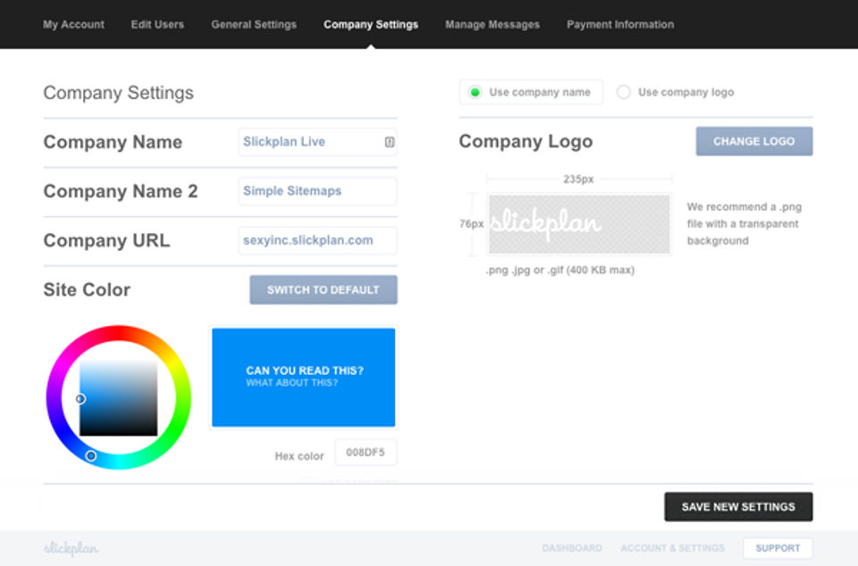 Slickplan screenshot: Branding and Company Settings