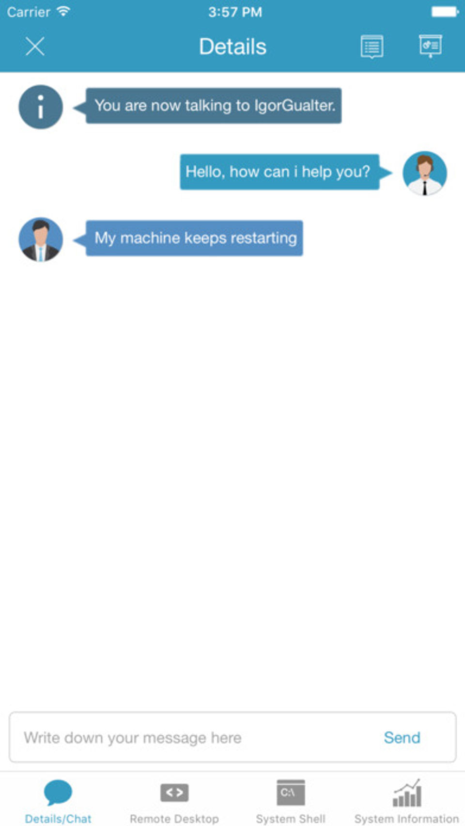 SolarWinds MSP Anywhere screenshot: Built-in live chat allows users to communicate with clients