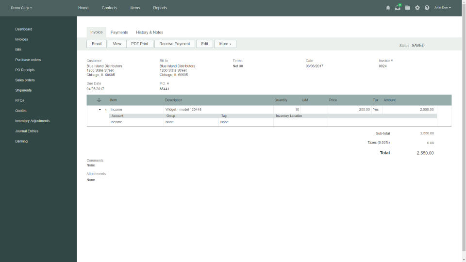 Officewise screenshot: View and export saved invoices