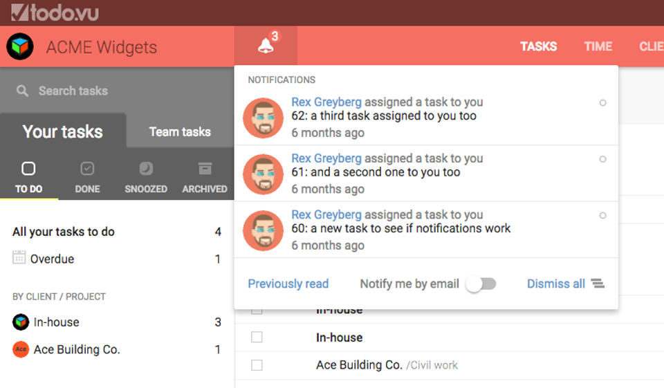 todo.vu screenshot: Manage notifications and email tasks directly into todo.vu