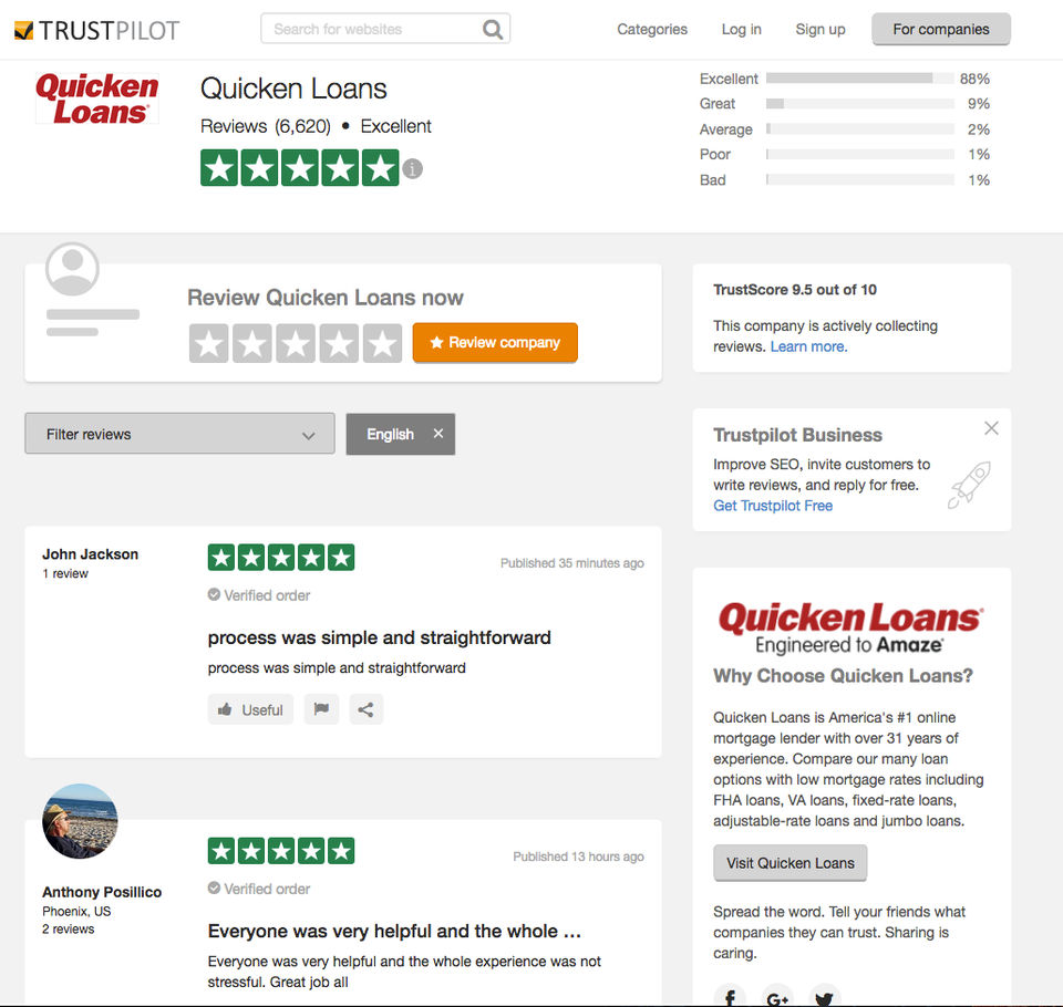 Trustpilot Demo - Quicken Loans Profile Page
