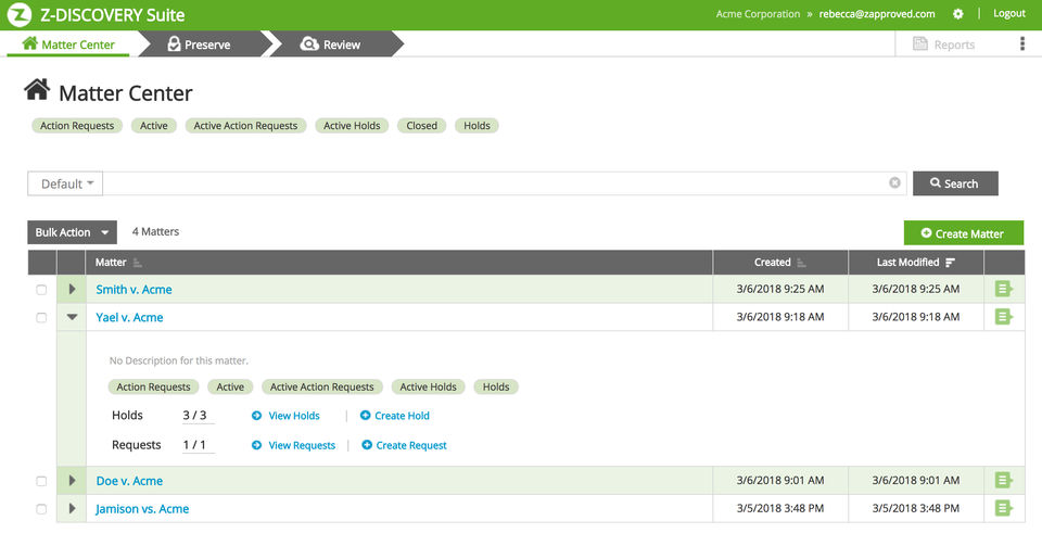 Z-Discovery screenshot: Manage litigation matters in a secure, online system. 