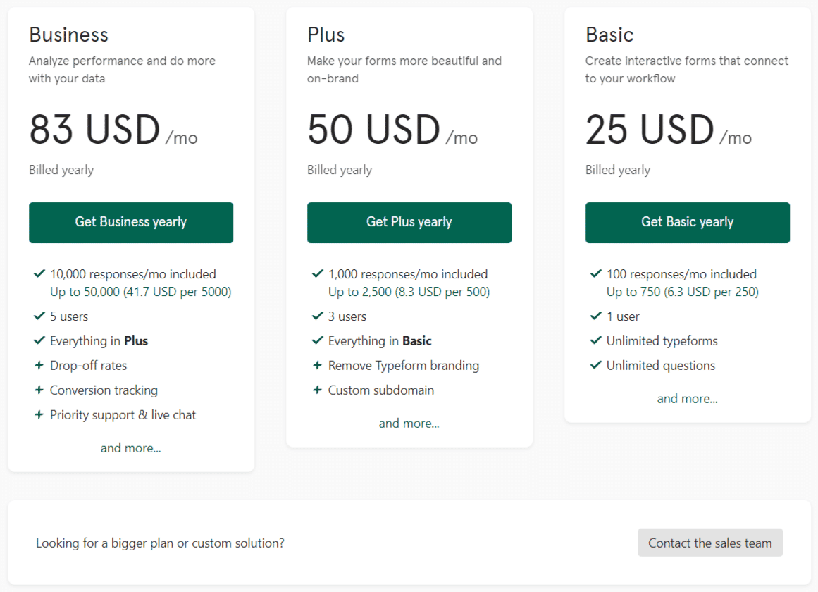 Typeform Pricing: Cost and Pricing plans