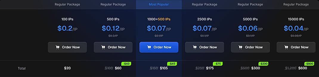 Pricing screenshot