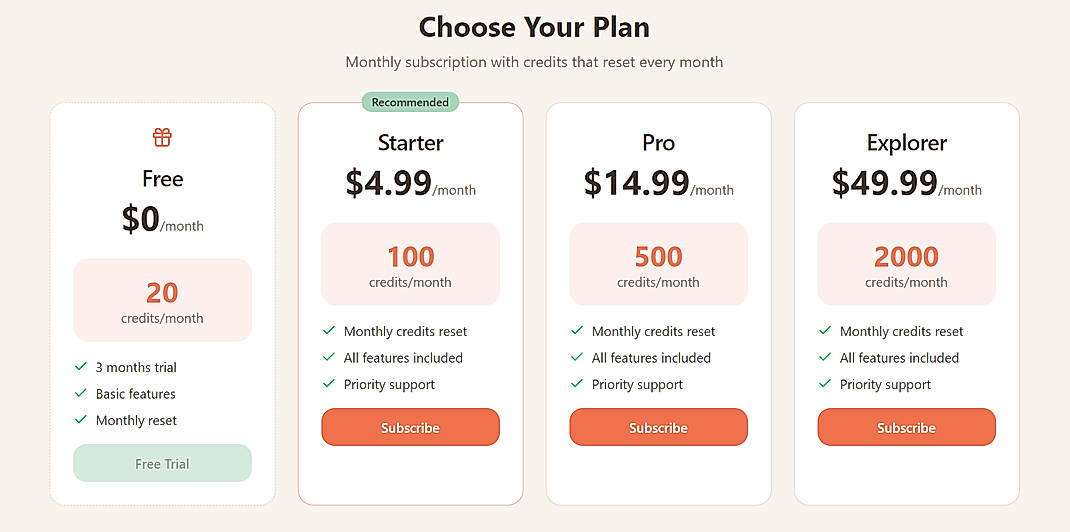 Pricing screenshot