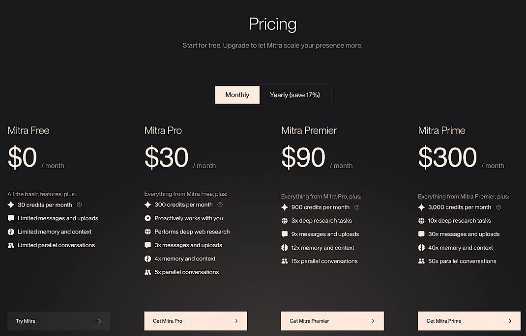 Pricing screenshot