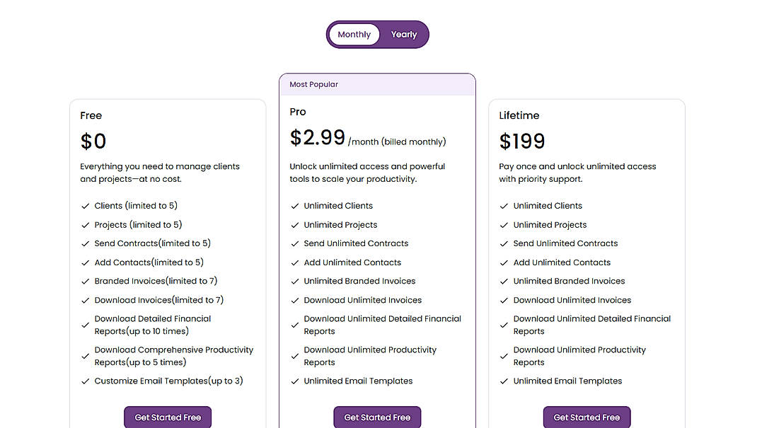 Pricing screenshot