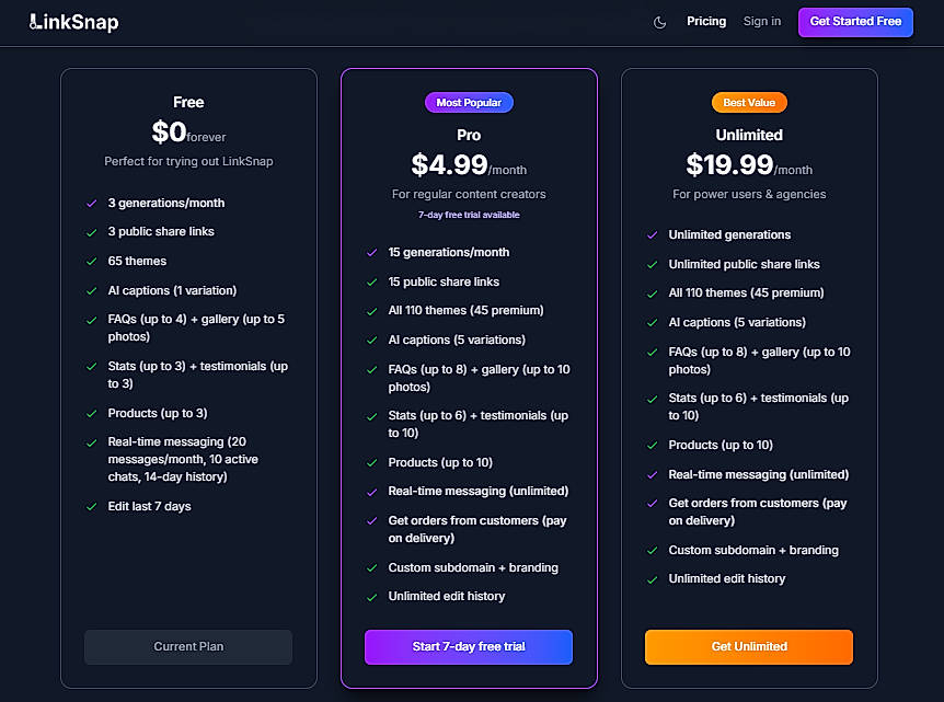 Pricing screenshot