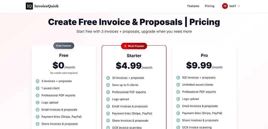 Pricing screenshot