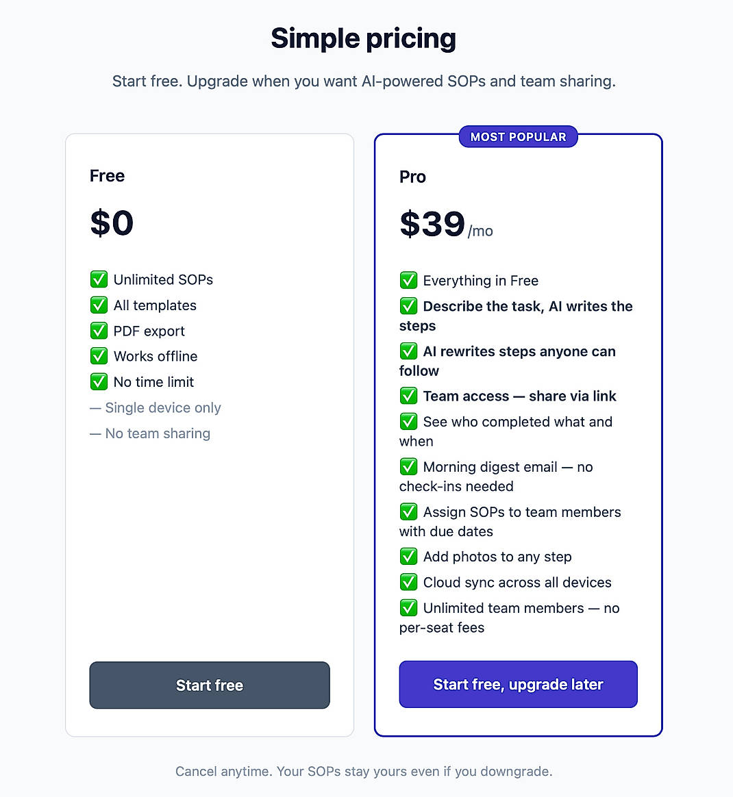 Pricing screenshot