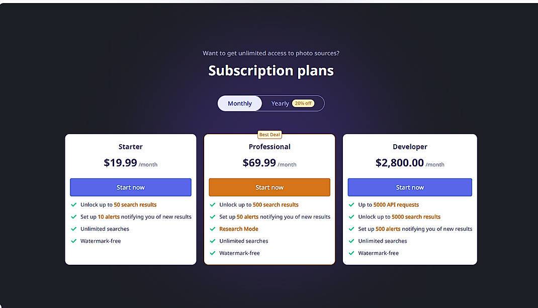 Pricing screenshot