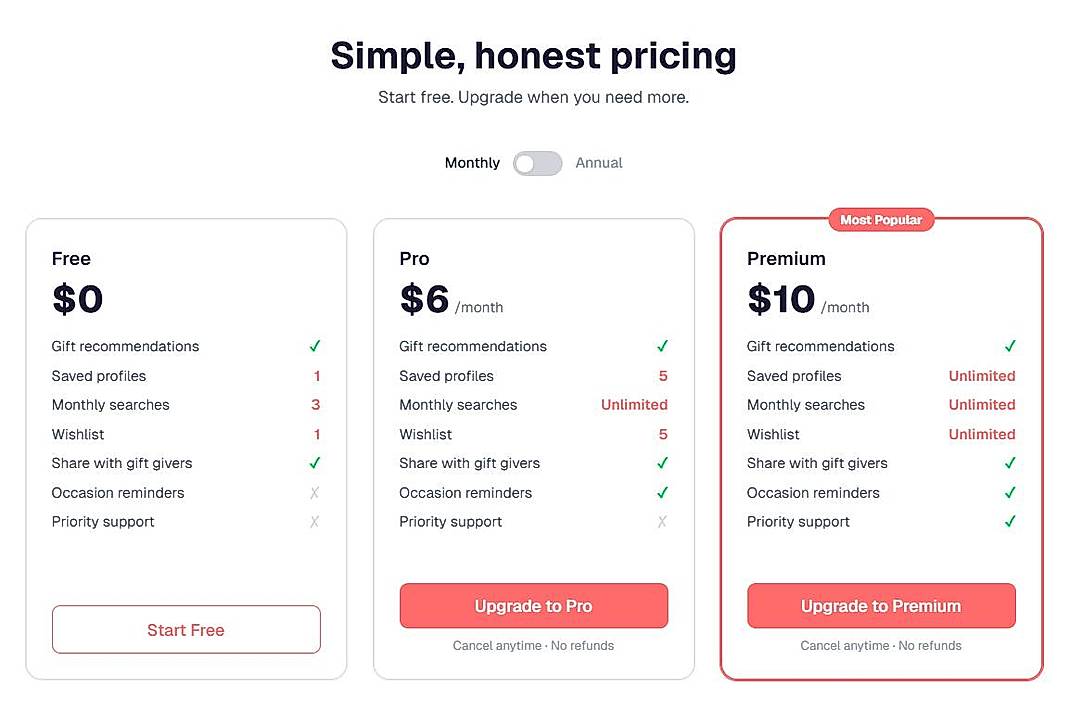 Pricing screenshot