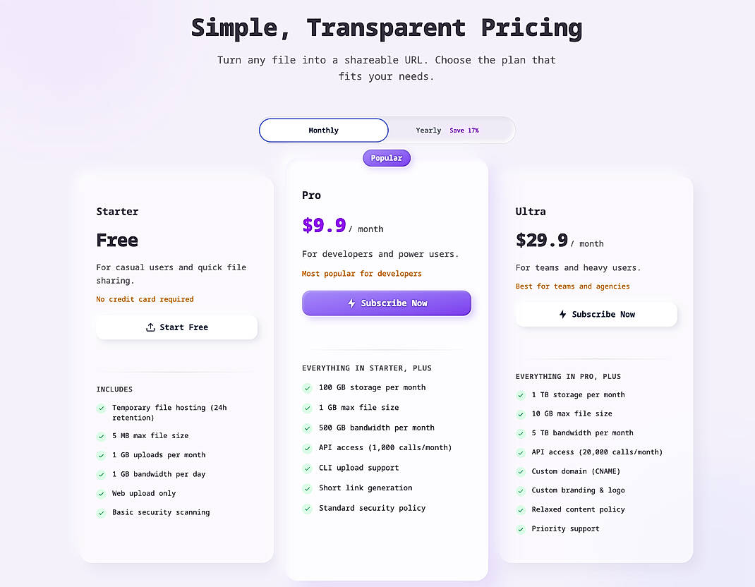 Pricing screenshot