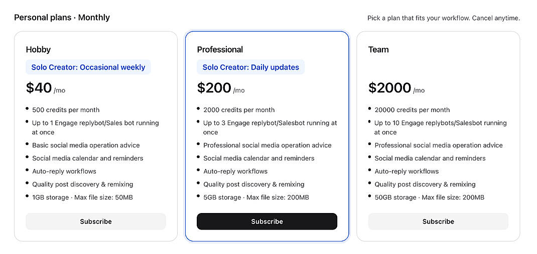 Pricing screenshot