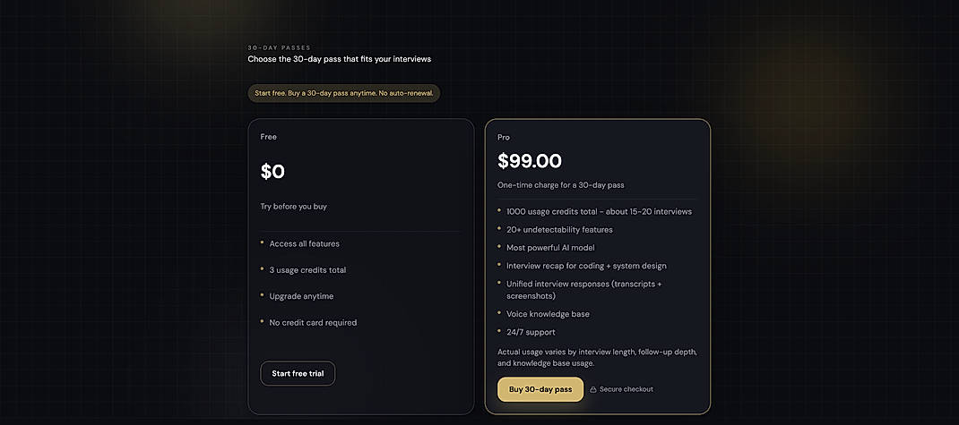 Pricing screenshot
