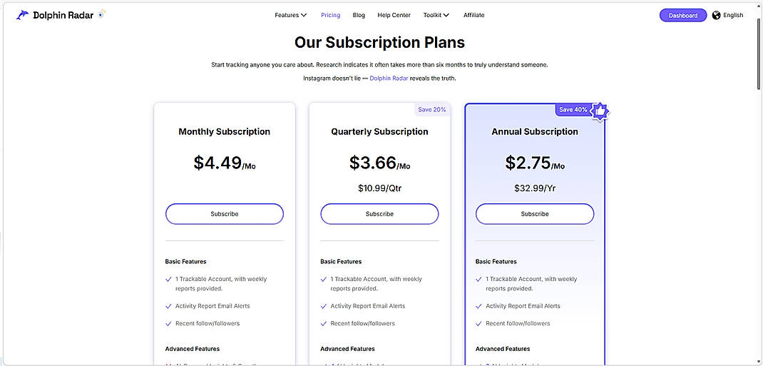 Pricing screenshot