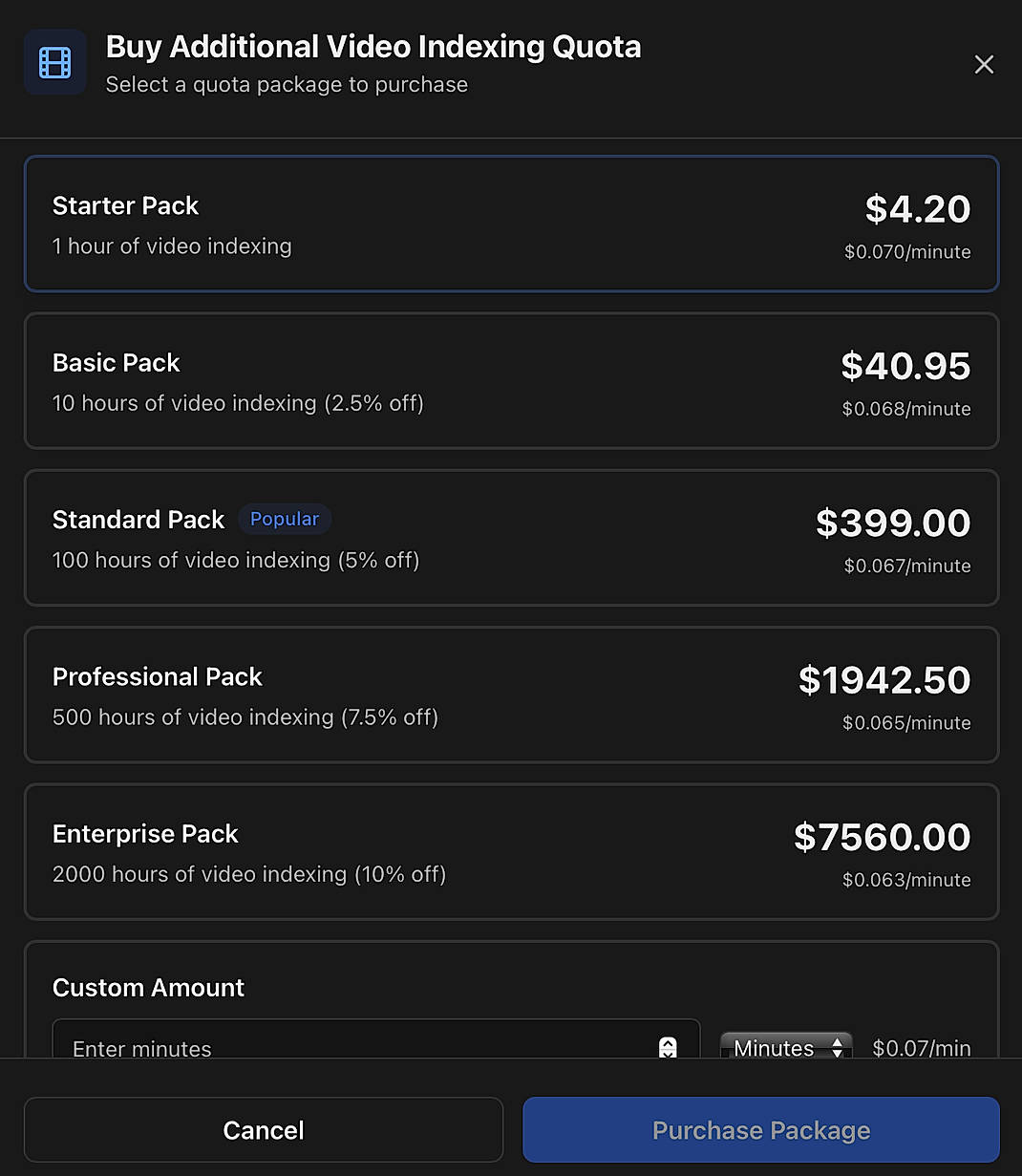 Pricing screenshot