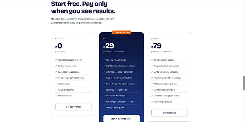 Pricing screenshot