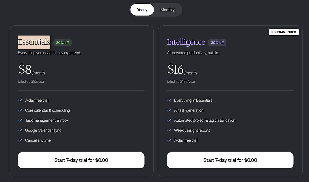 Pricing screenshot