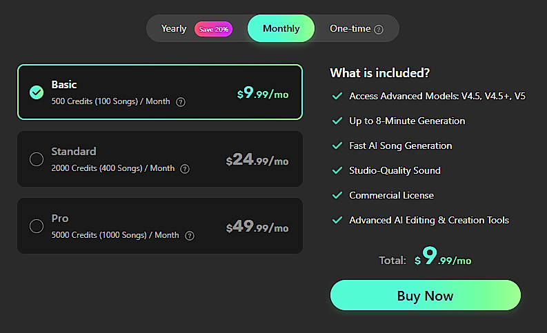 Pricing screenshot