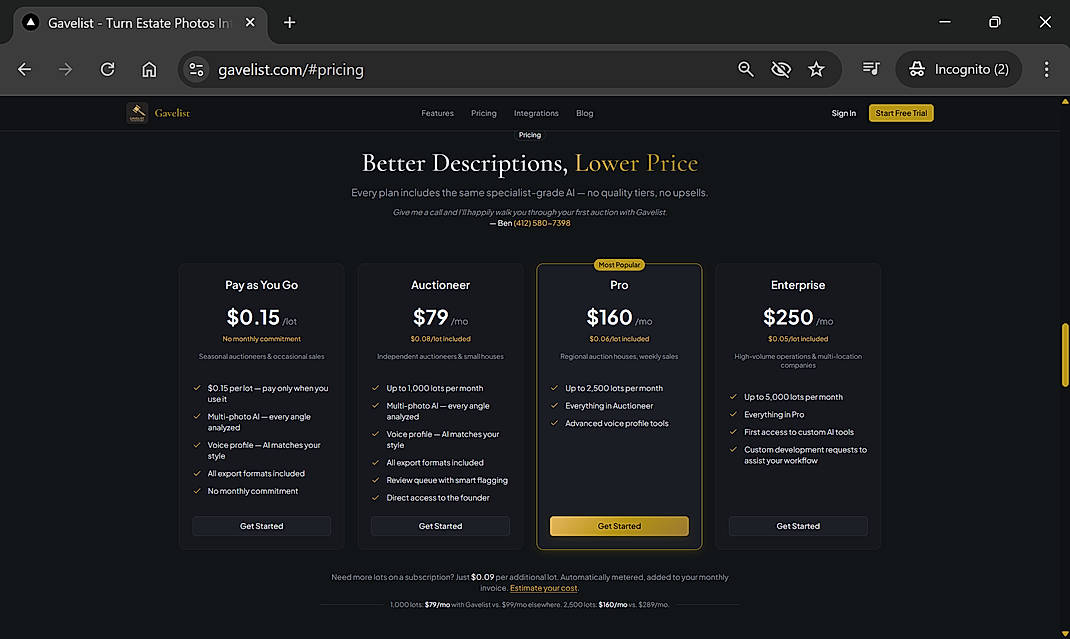 Pricing screenshot