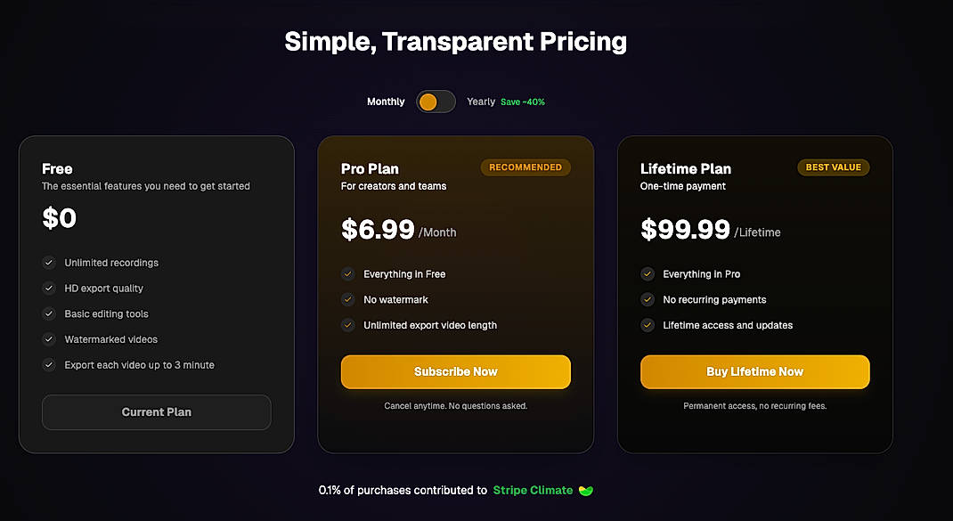 Pricing screenshot