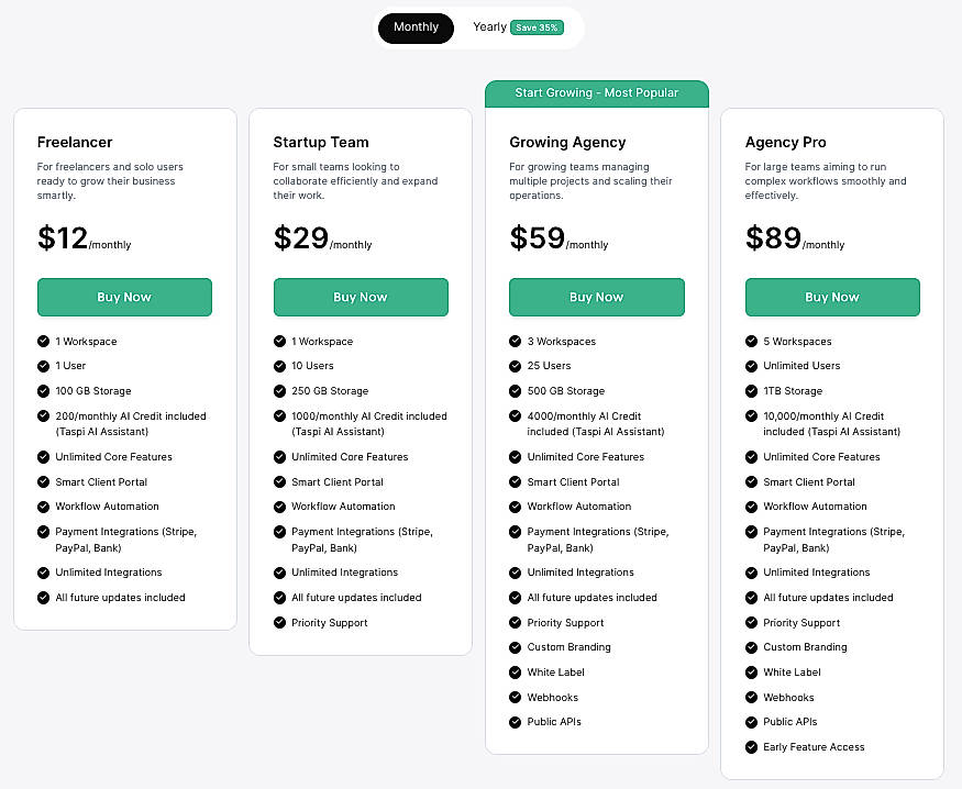 Pricing screenshot