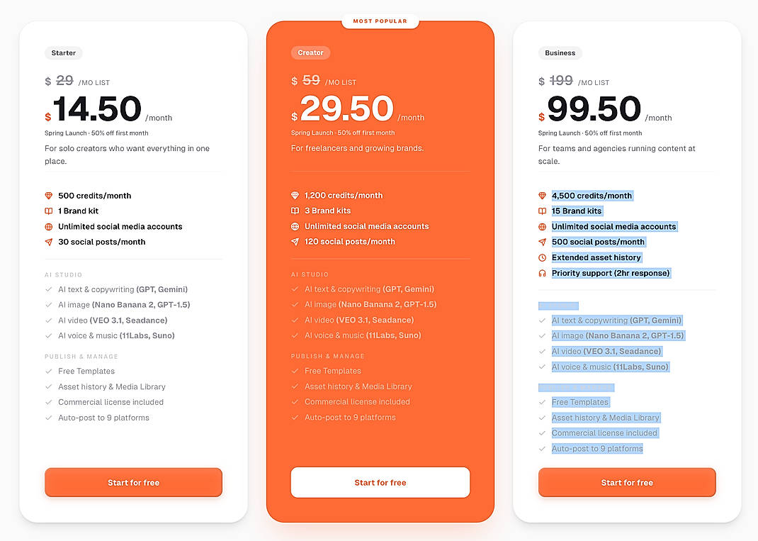 Pricing screenshot