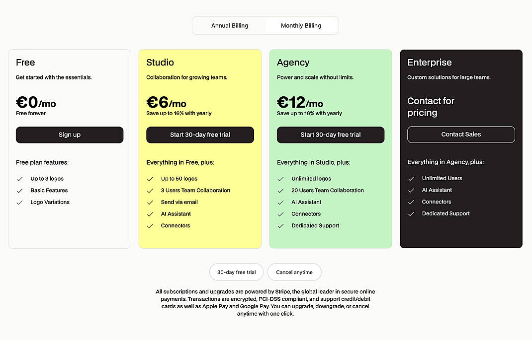Pricing screenshot