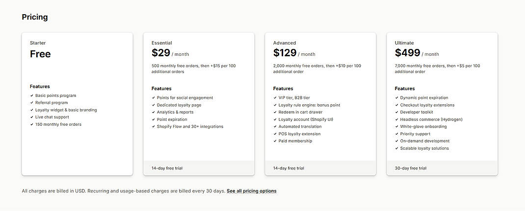 Pricing screenshot