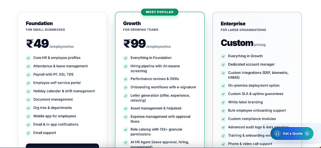 Pricing screenshot