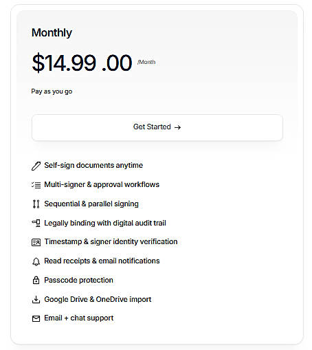 Pricing screenshot