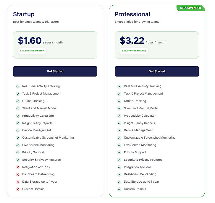 Pricing screenshot