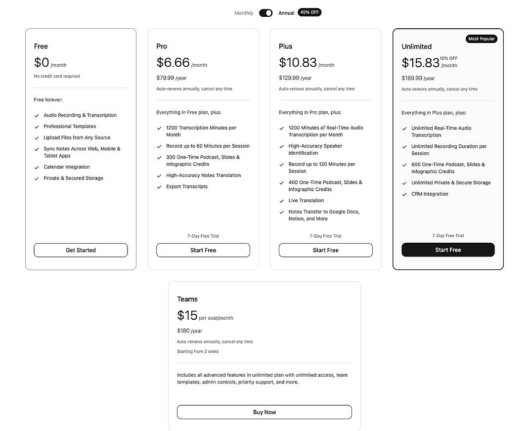 Pricing screenshot