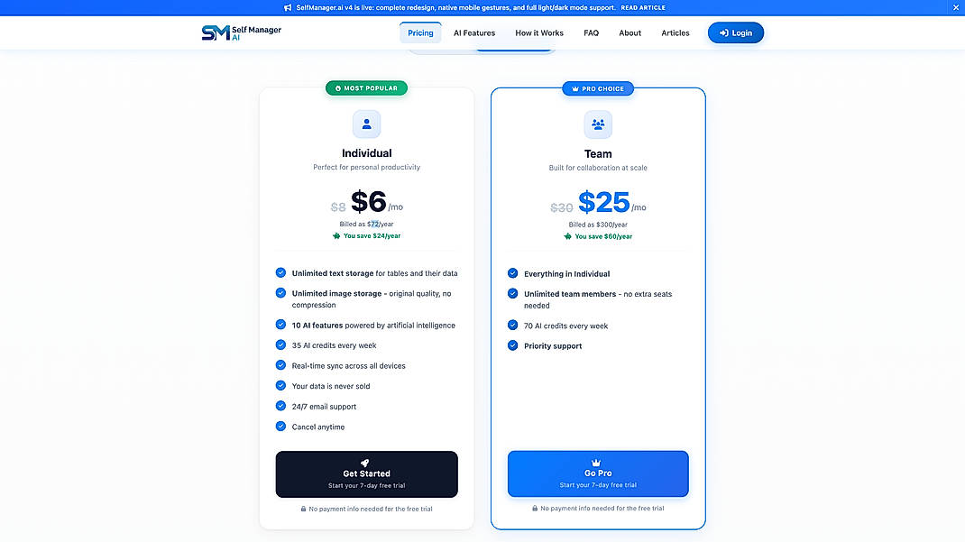 Pricing screenshot