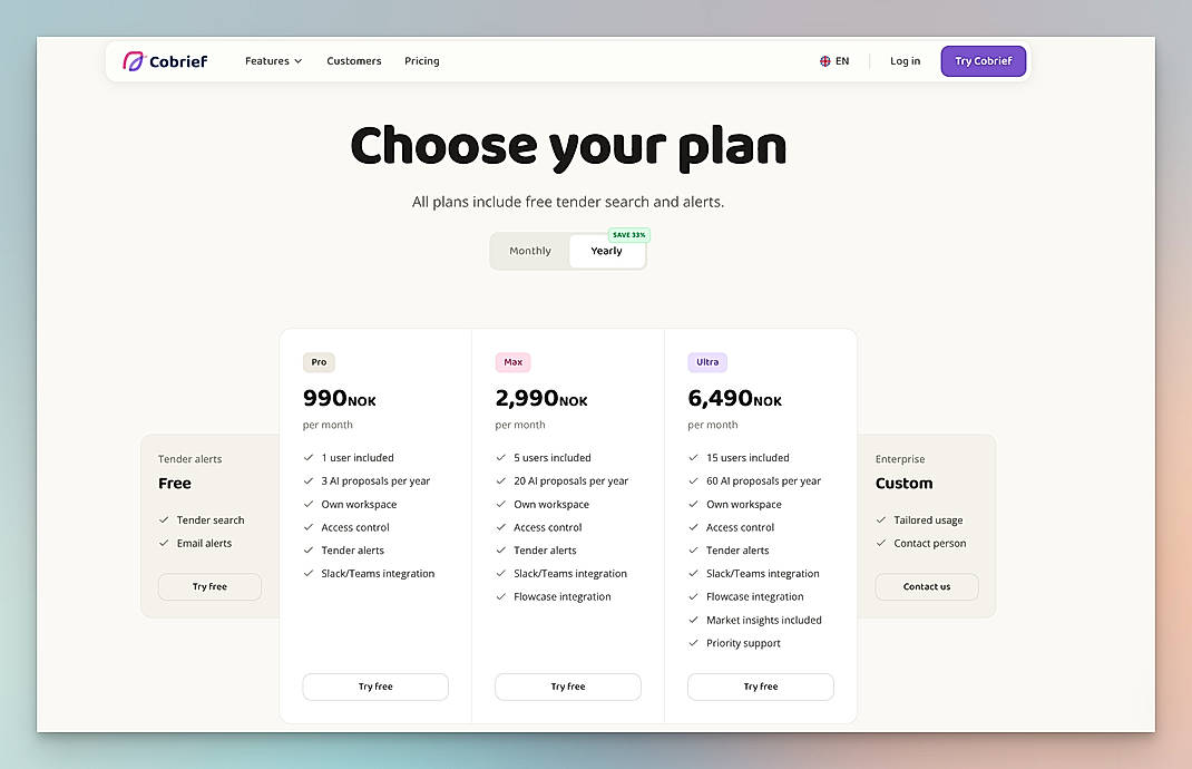Pricing screenshot