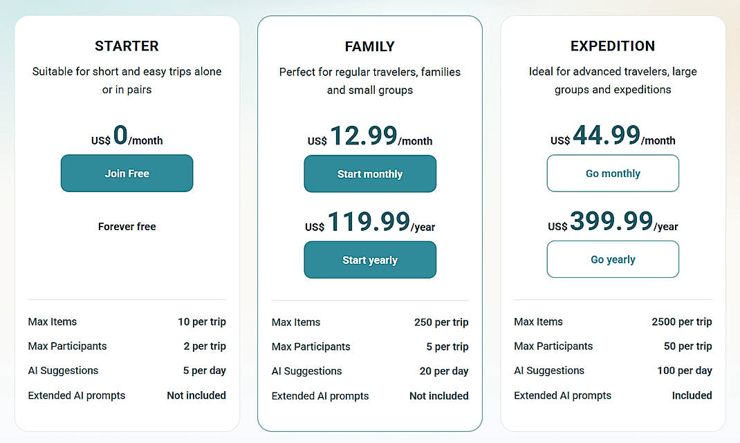 Pricing screenshot