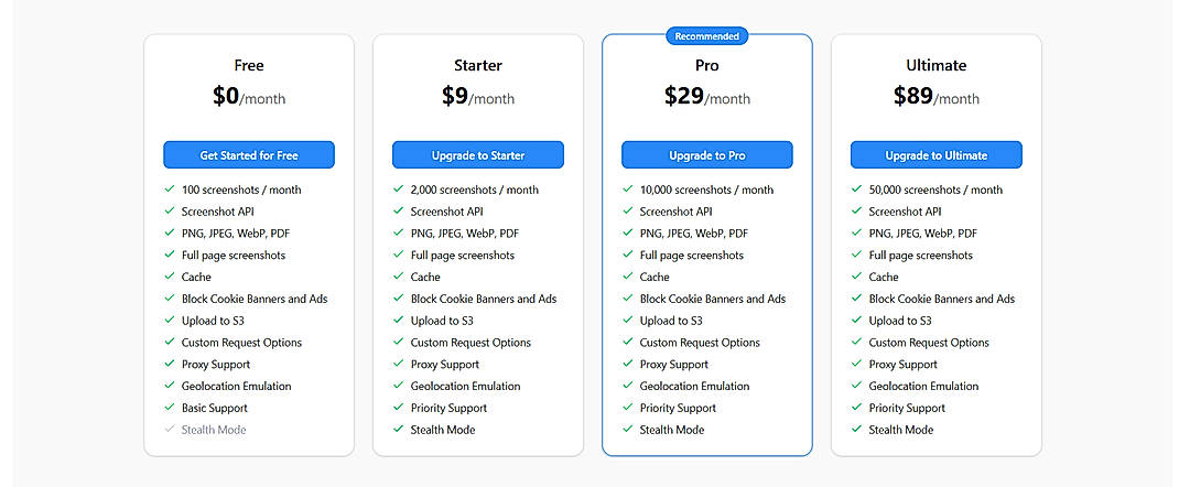 Pricing screenshot